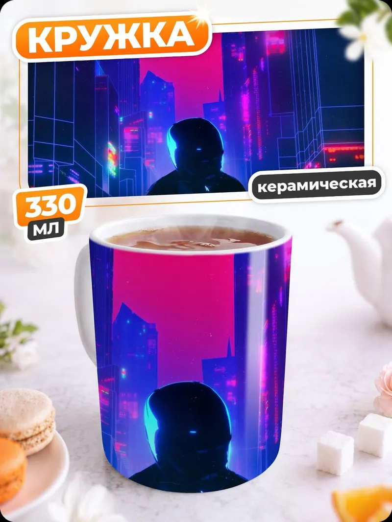 Кружка керамическая Неоновый город закат