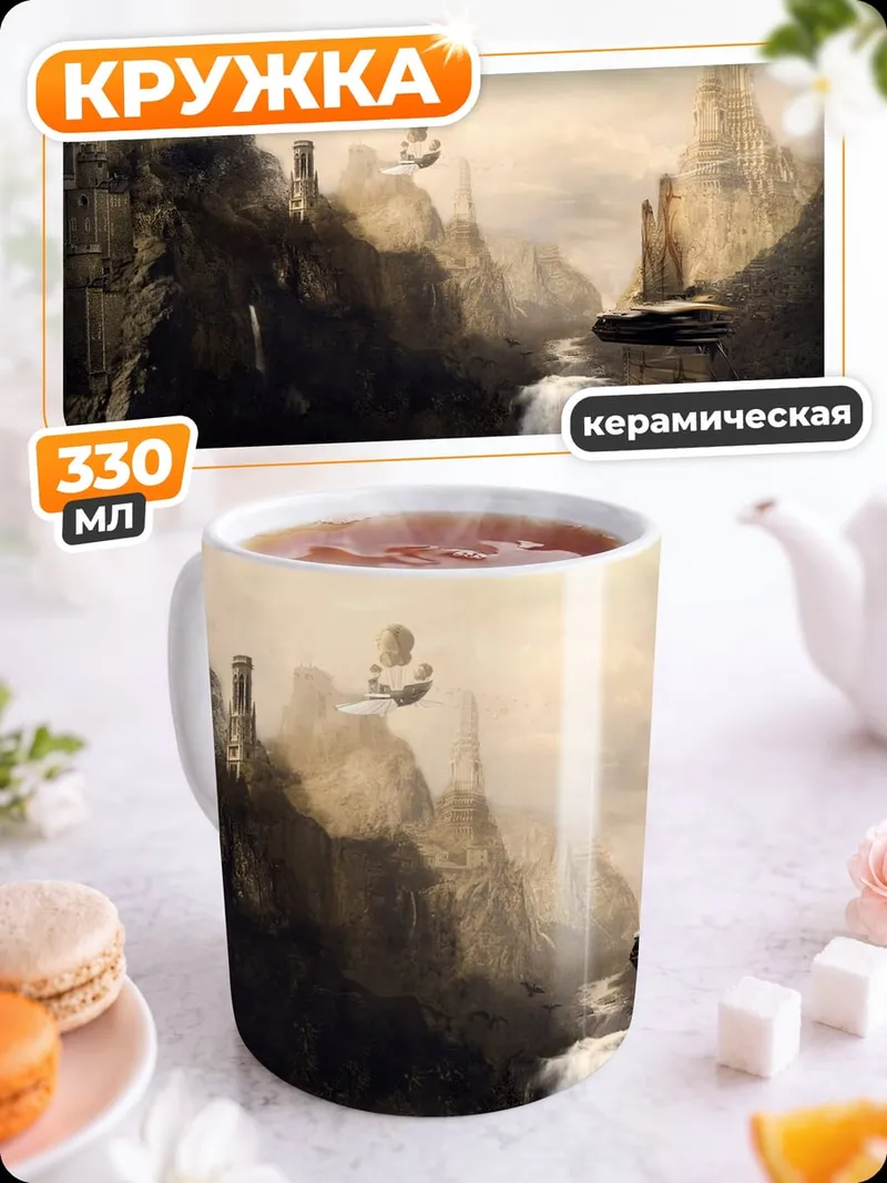 Кружка керамическая Фэнтезийный город у водопада