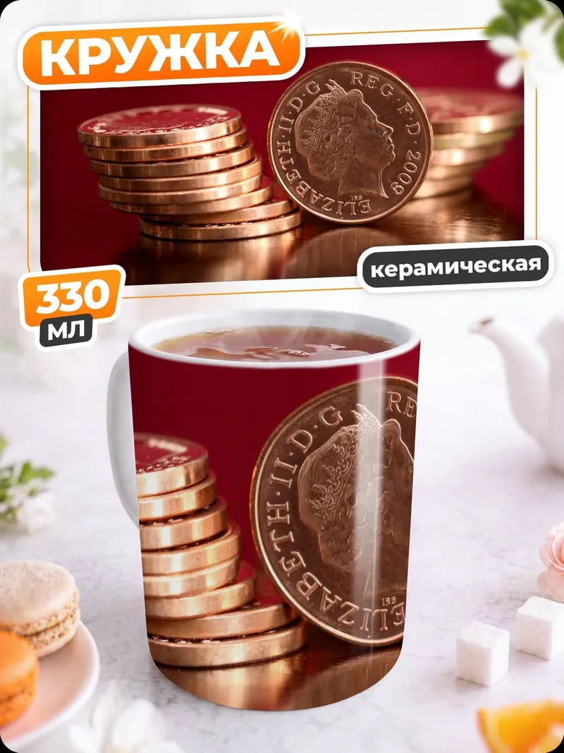 Кружка керамическая стопки монет фунтов