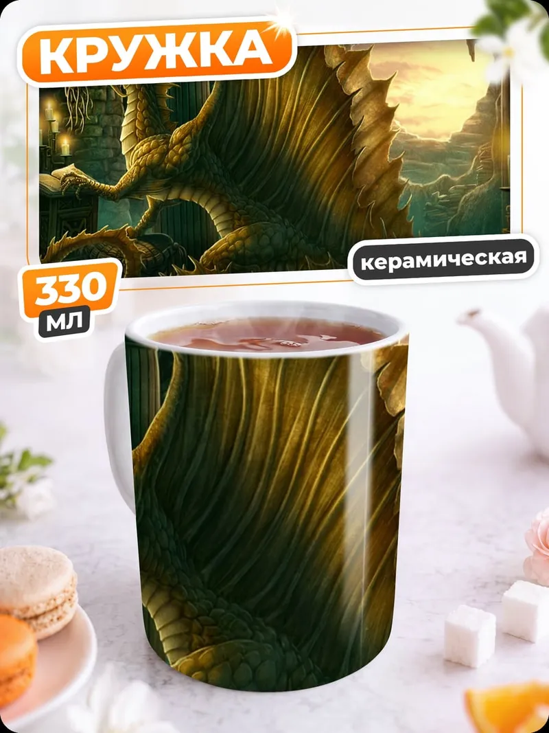 Кружка керамическая дракон в библиотеке
