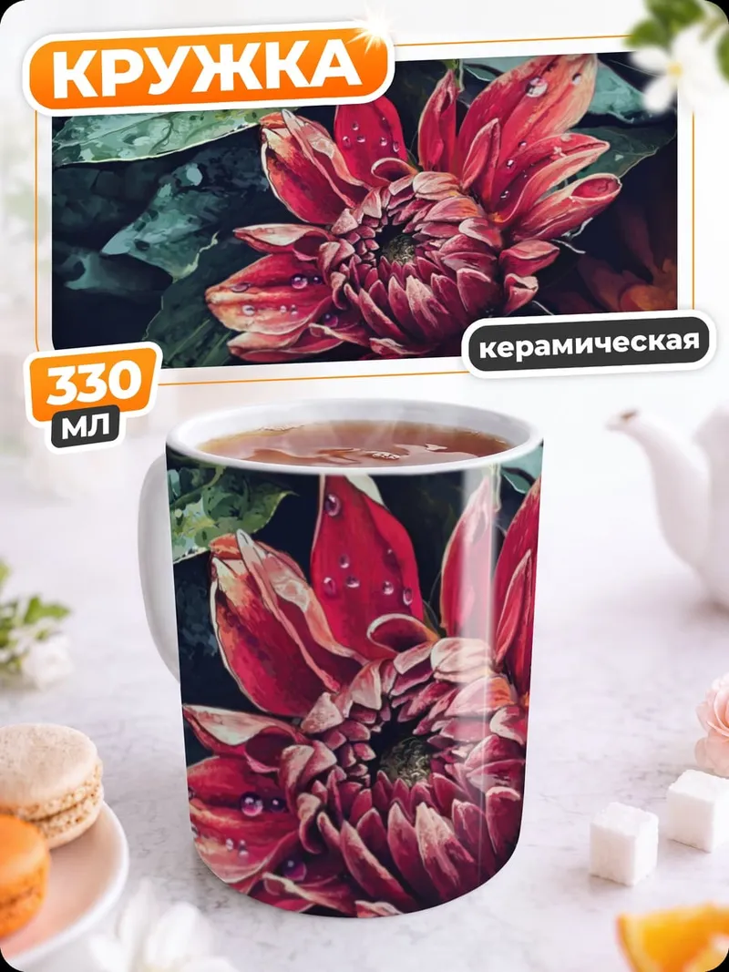 Кружка керамическая Красный цветок крупным планом