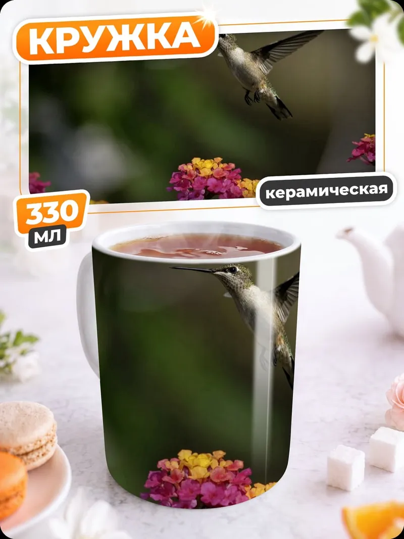 Кружка керамическая Колибри над цветами