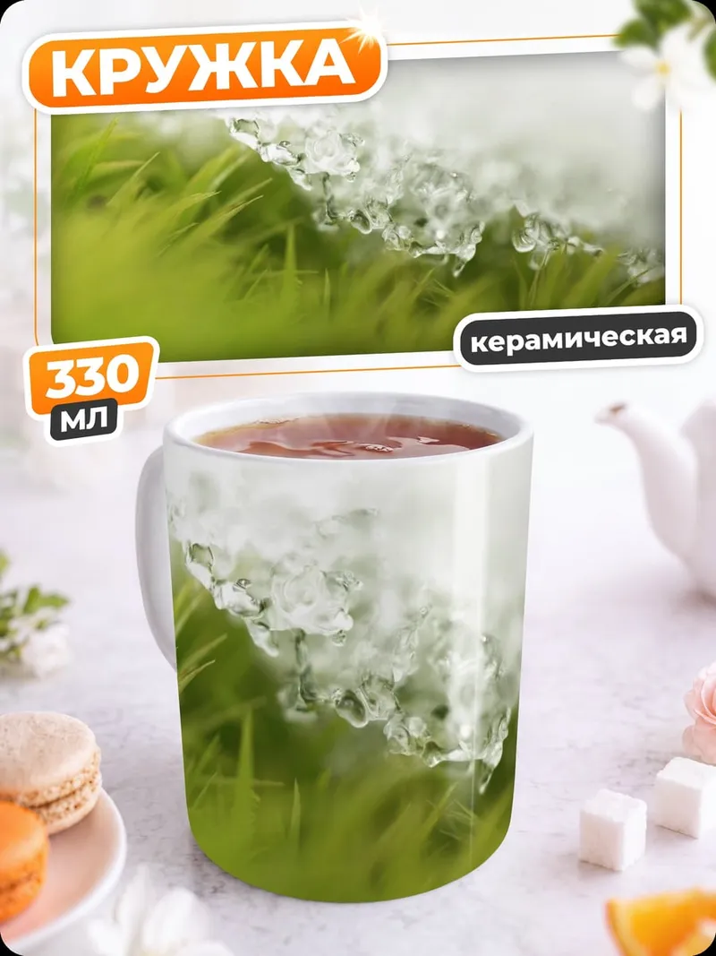 Кружка керамическая Капли воды на траве