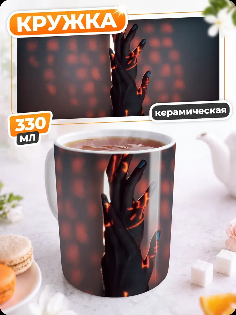 Кружка керамическая кибернетическая рука в огне