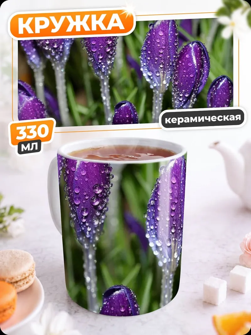 Кружка керамическая фиолетовые крокусы в росе