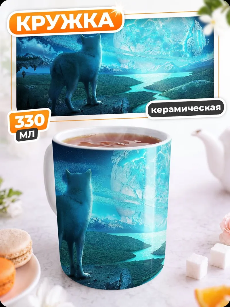 Кружка керамическая Волк на фоне луны