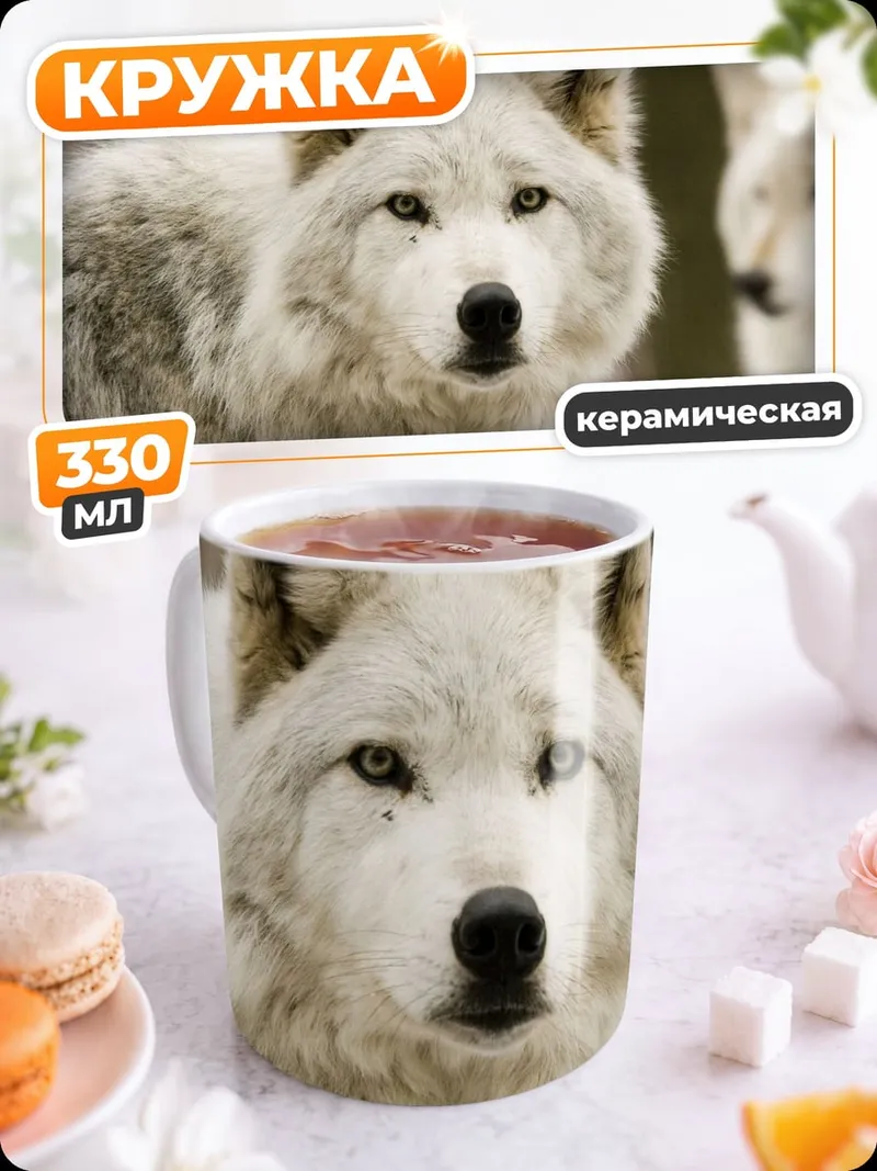 Кружка керамическая белый волк смотрит