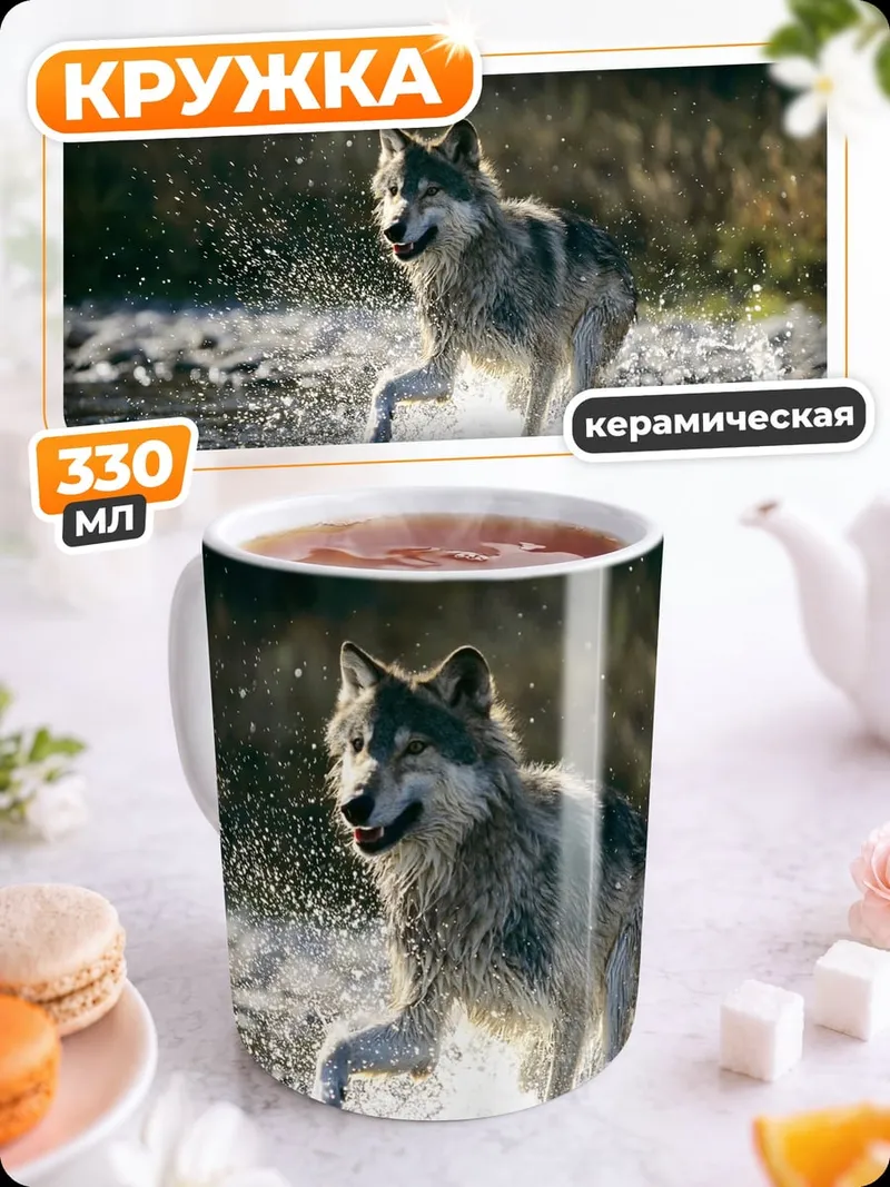 Кружка керамическая Волк в реке