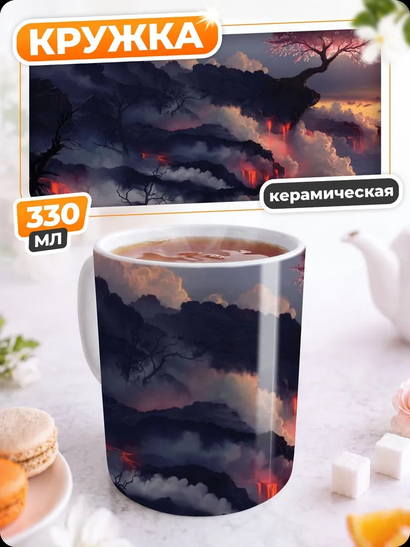 Кружка керамическая Цветущая сакура на вулкане