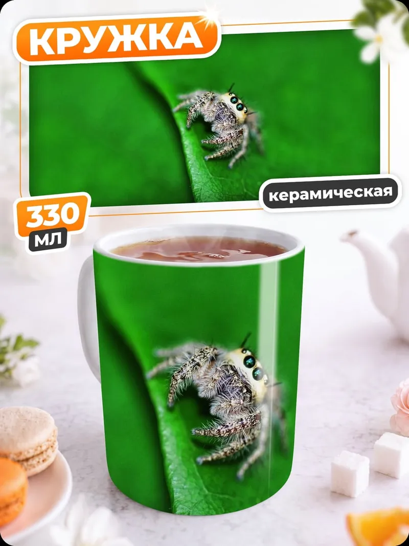 Кружка керамическая паук на листе
