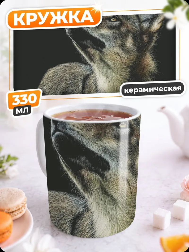 Кружка керамическая Волк смотрит вверх