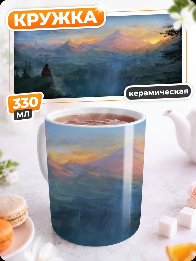 Кружка керамическая Горный пейзаж закат