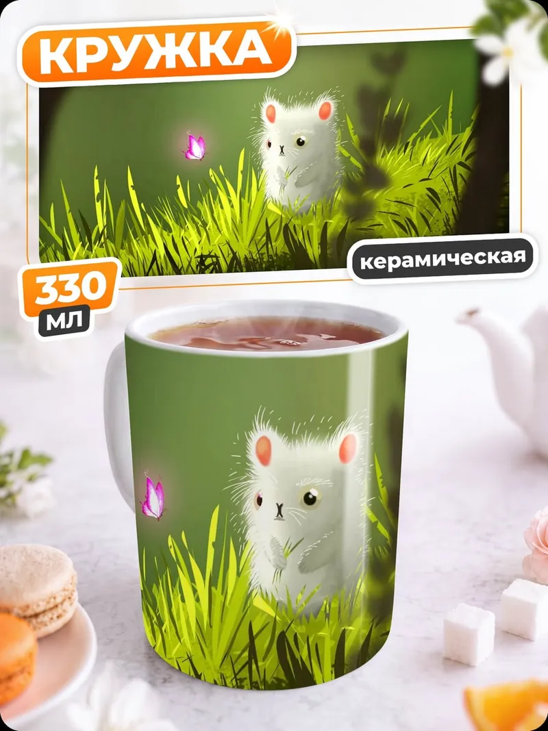 Кружка керамическая Белый зверек и бабочка