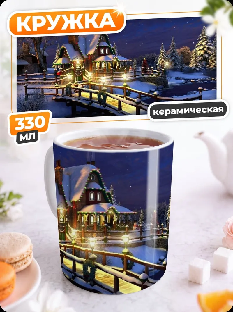 Кружка керамическая Зимний домик с мостом