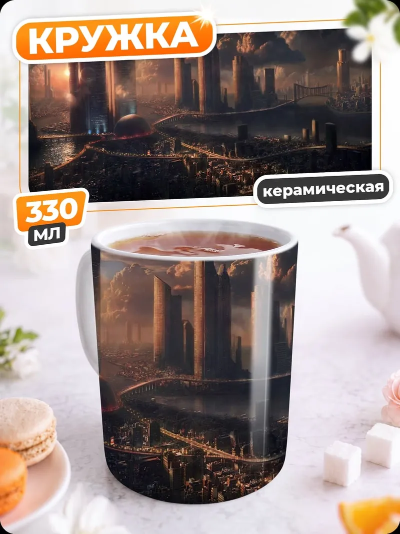 Кружка керамическая футуристический город рассвет