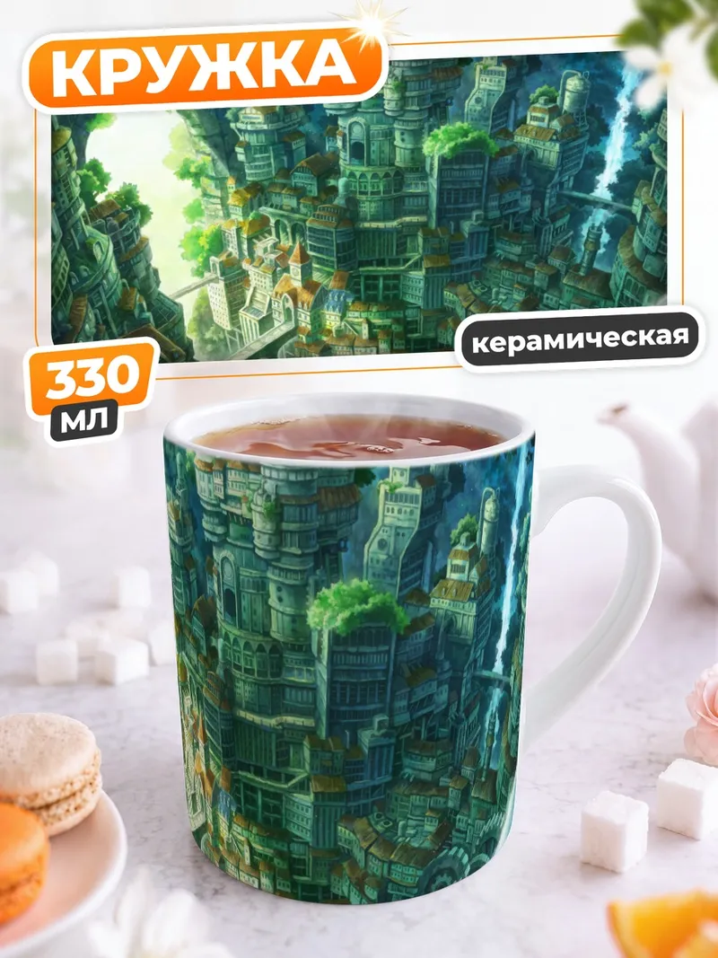 Кружка керамическая Зеленый город-водопад