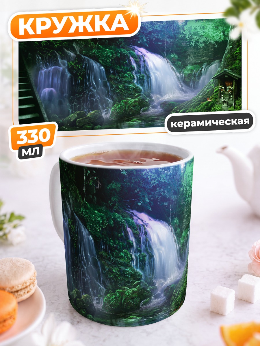 Кружка керамическая Лесной водопад у храма