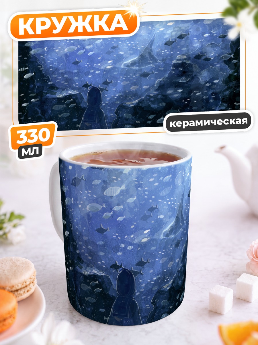 Кружка керамическая Синие рыбы в глубине