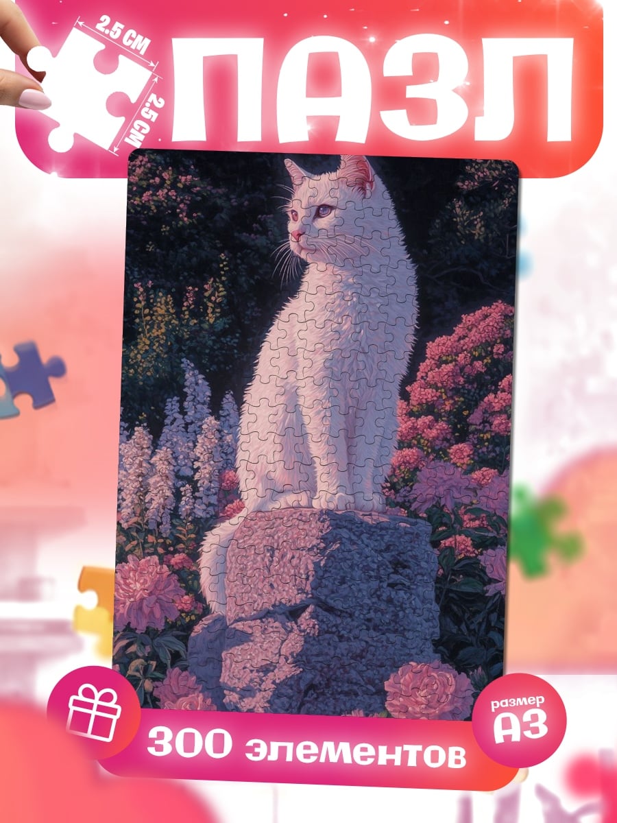 Пазлы Белый кот в цветах