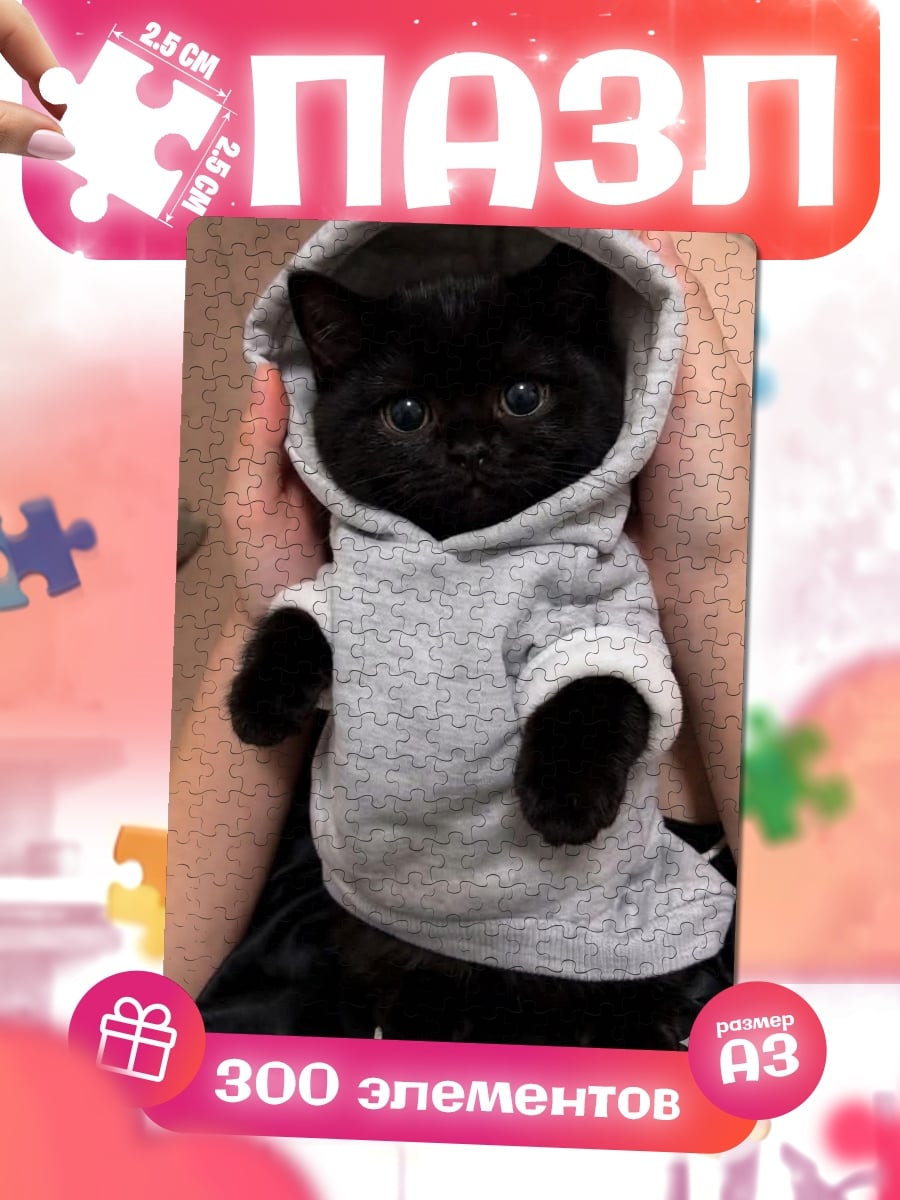 Пазлы Черный котенок в худи