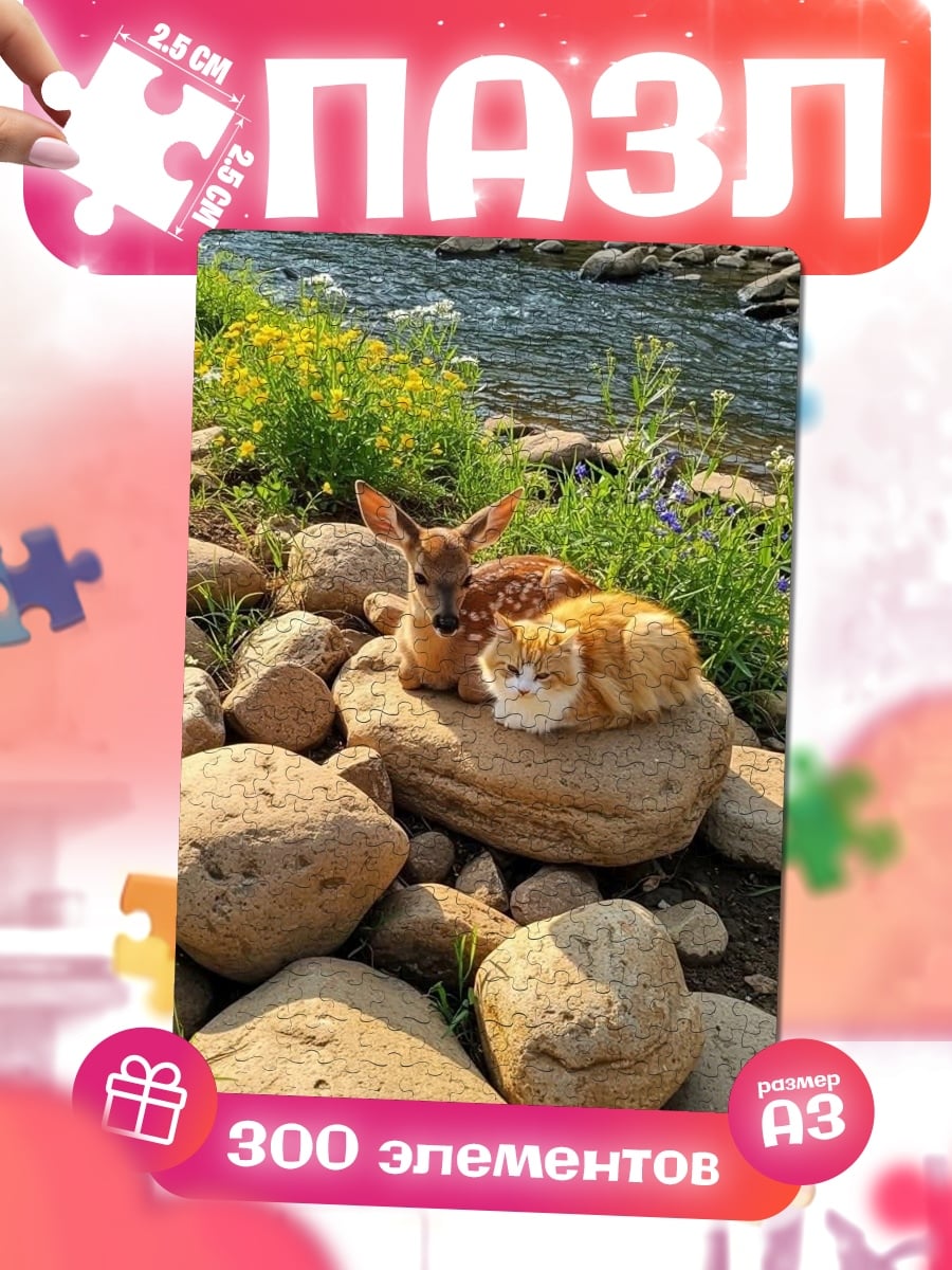 Пазлы котенок и олененок