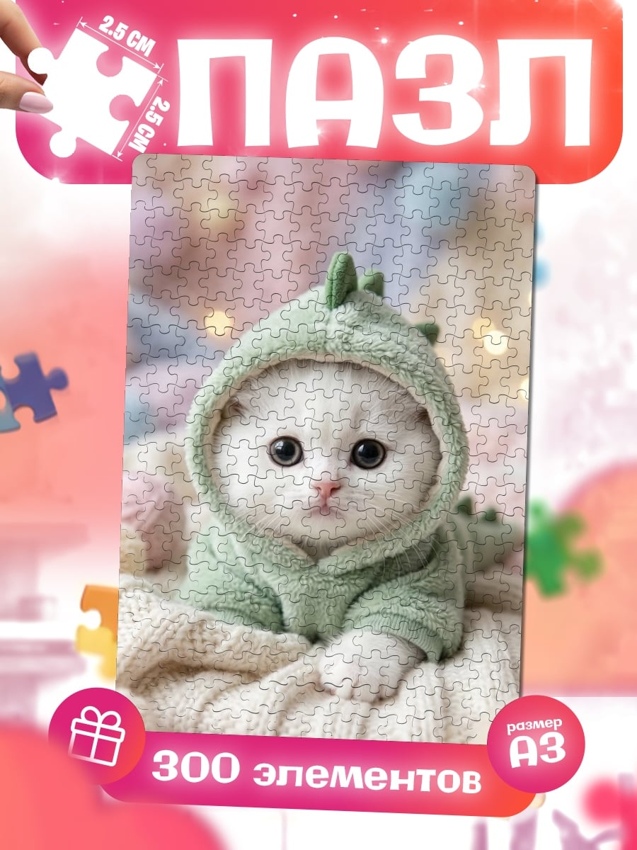 Пазлы Котёнок в костюме динозавра