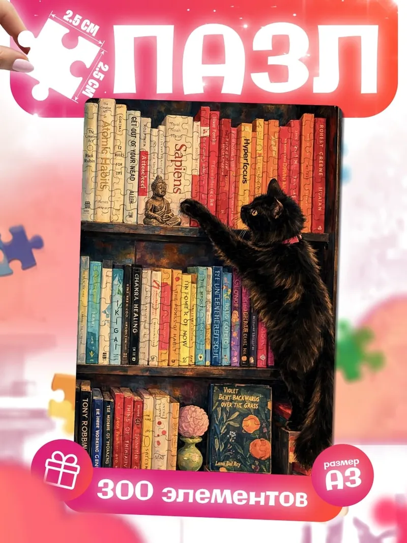 Пазлы Черный кот и книги