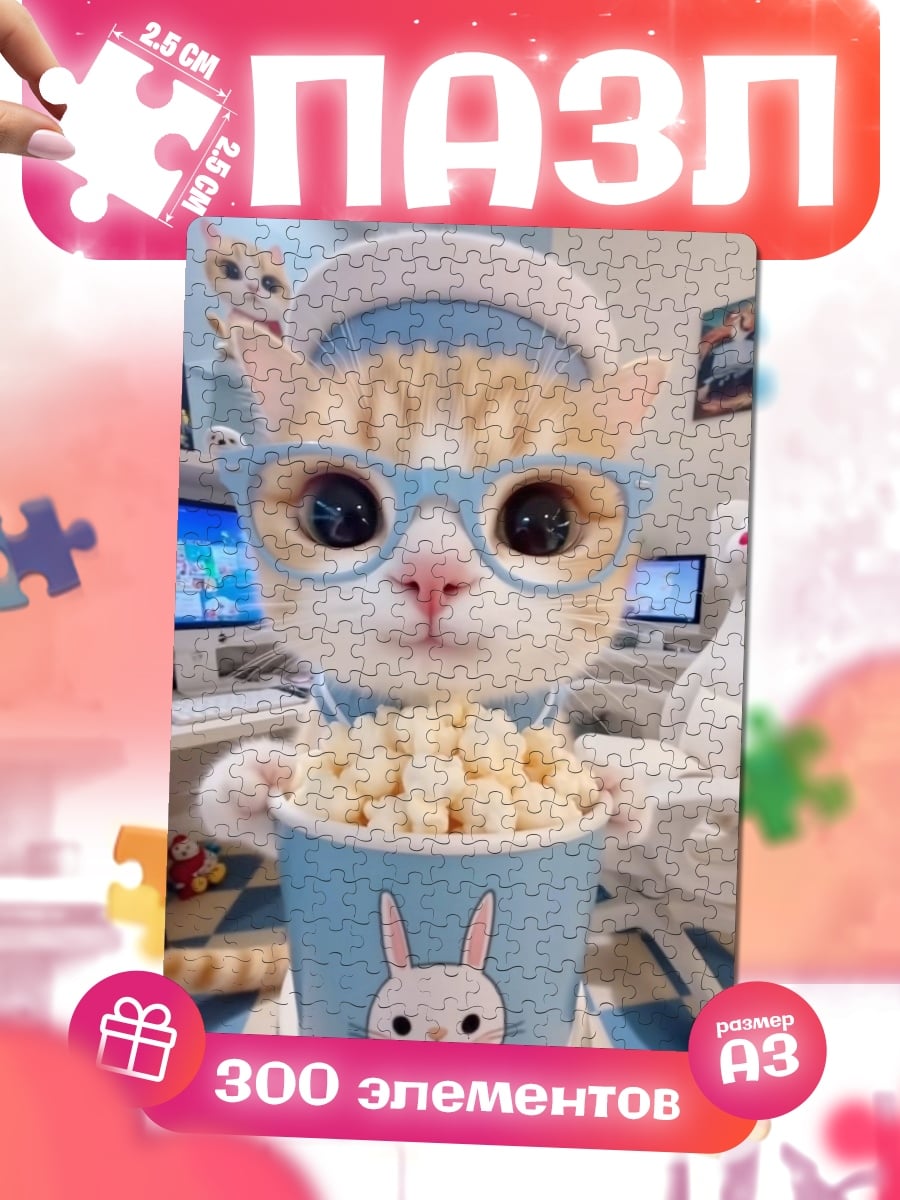 Пазлы Кот в очках с попкорном