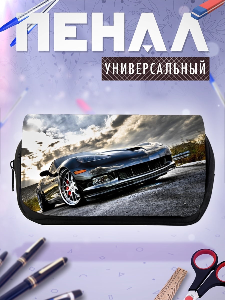 Пенал-косметичка Черный спорткар на дороге