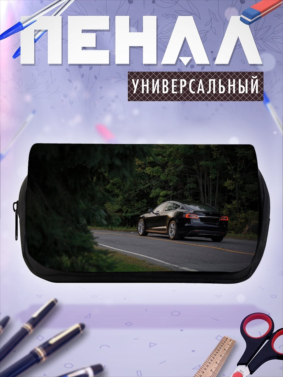 Пенал-косметичка Черный автомобиль в лесу