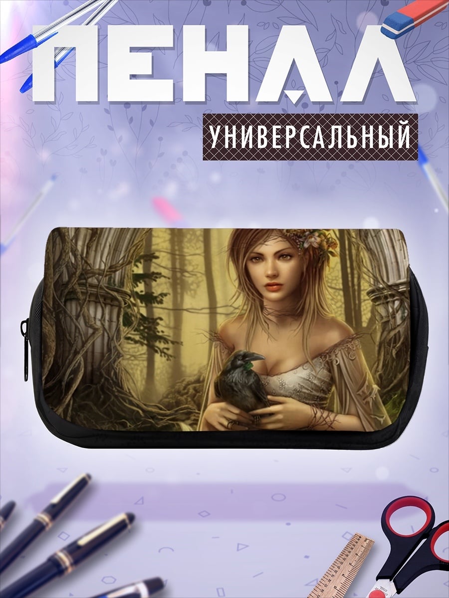 Пенал-косметичка девушка с вороном