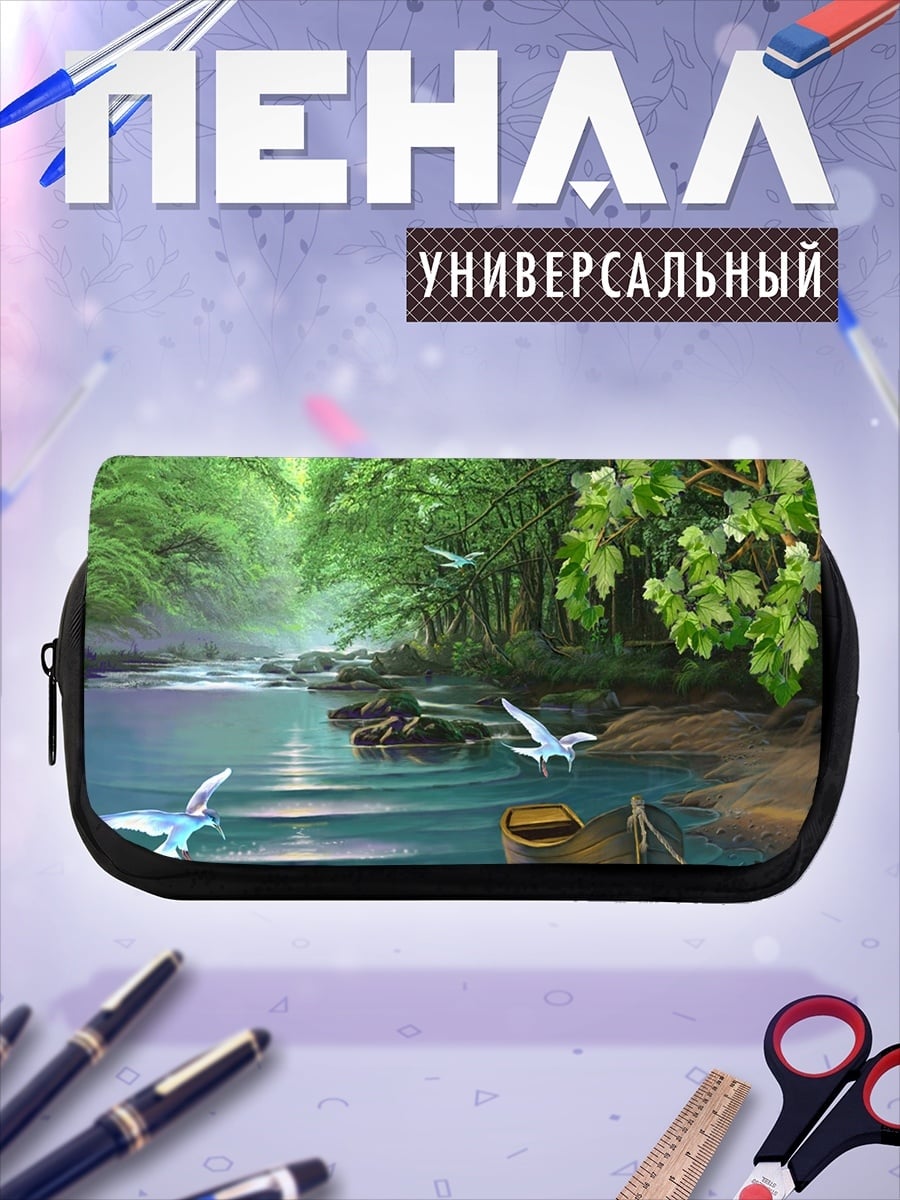 Пенал-косметичка река в лесу птицы