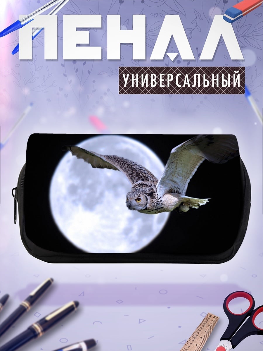 Пенал-косметичка сова на фоне луны
