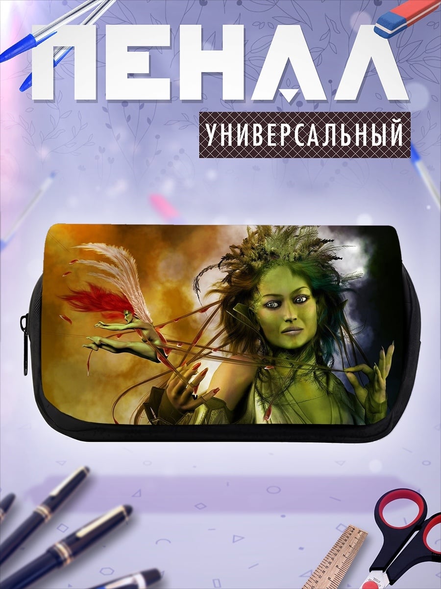 Пенал-косметичка зеленая женщина птица