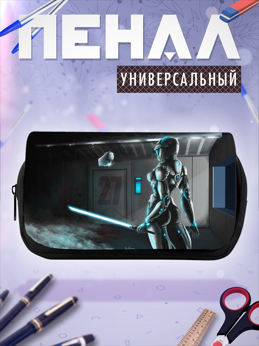 Пенал-косметичка киберпанк воительница с мечом