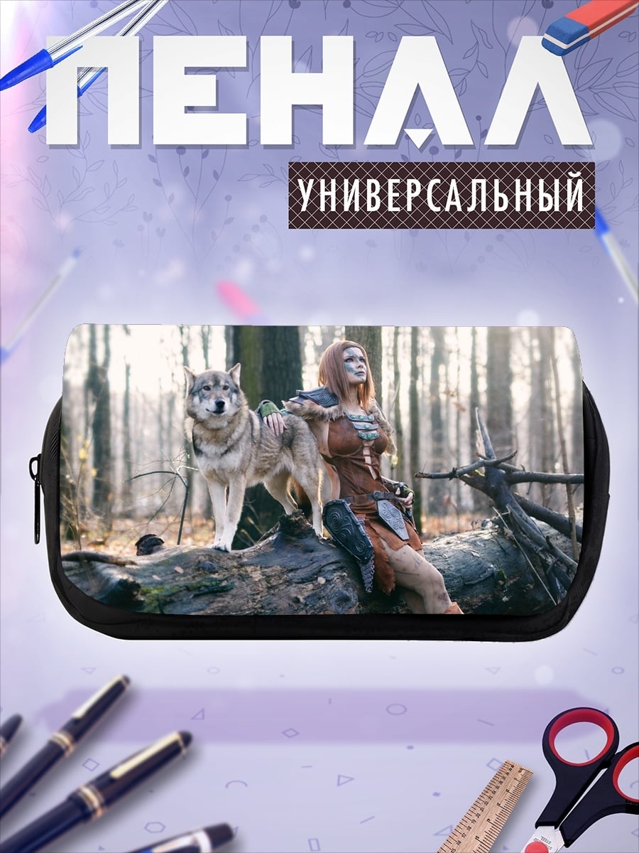 Пенал-косметичка девушка с волком