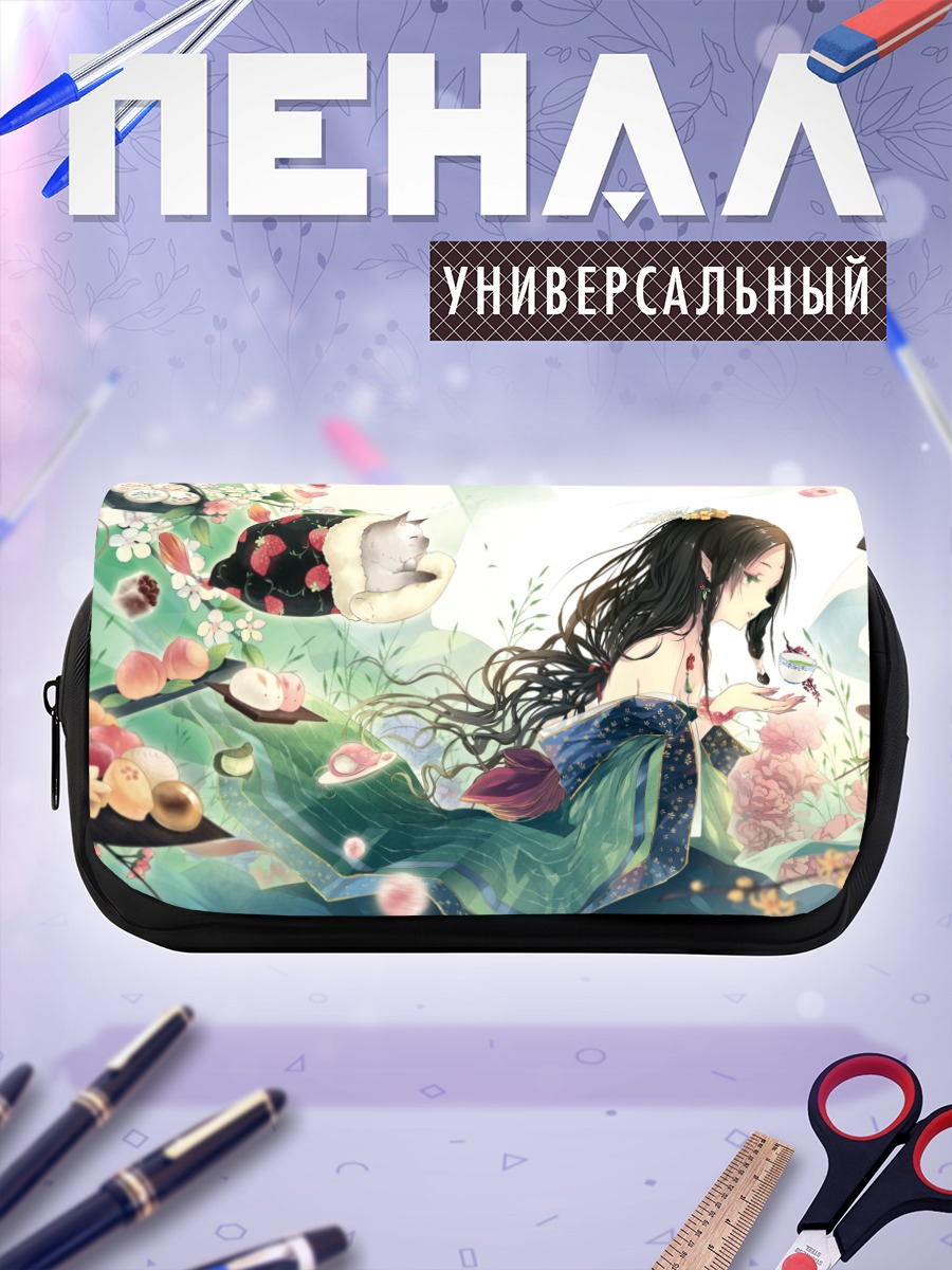 Пенал-косметичка Девушка с котом и цветами