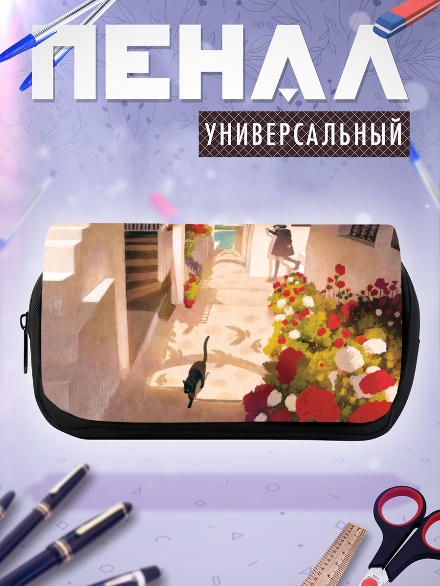 Пенал-косметичка Девушка с котом в цветах