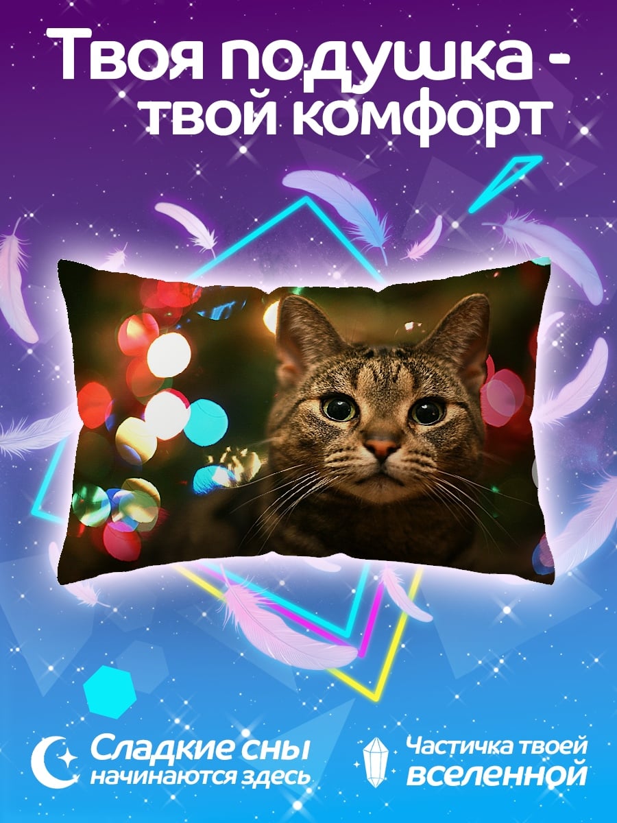 Подушка кот на фоне огней
