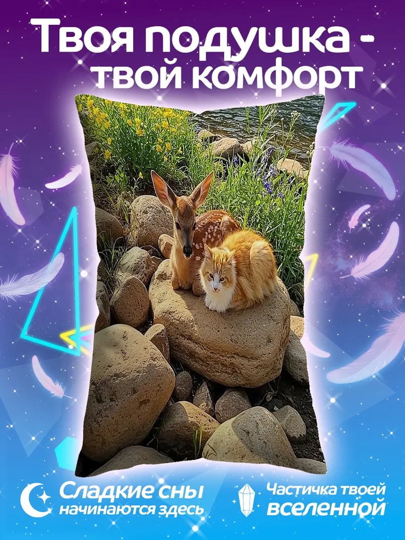 Подушка котенок и олененок