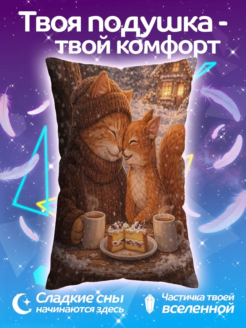 Подушка Зимний уют кота и белки