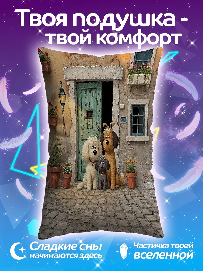Подушка Семья собак у дома