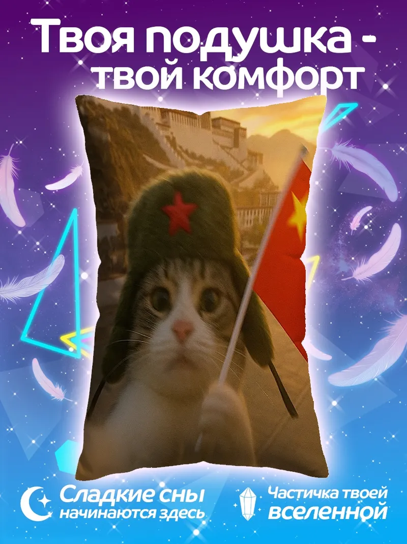 Подушка Кот с китайским флагом