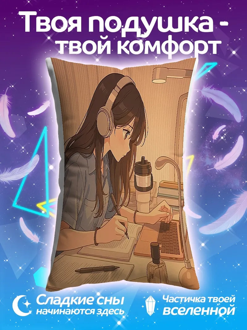 Подушка Девушка в наушниках учится