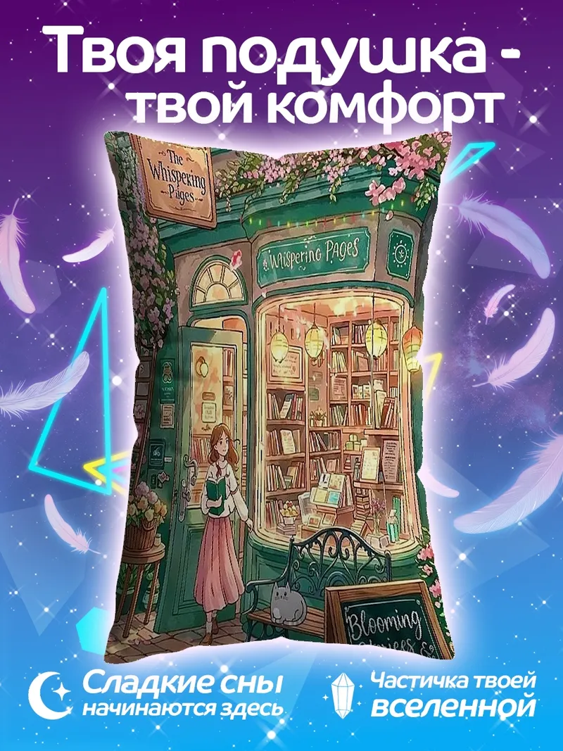 Подушка Уютный книжный магазин весной