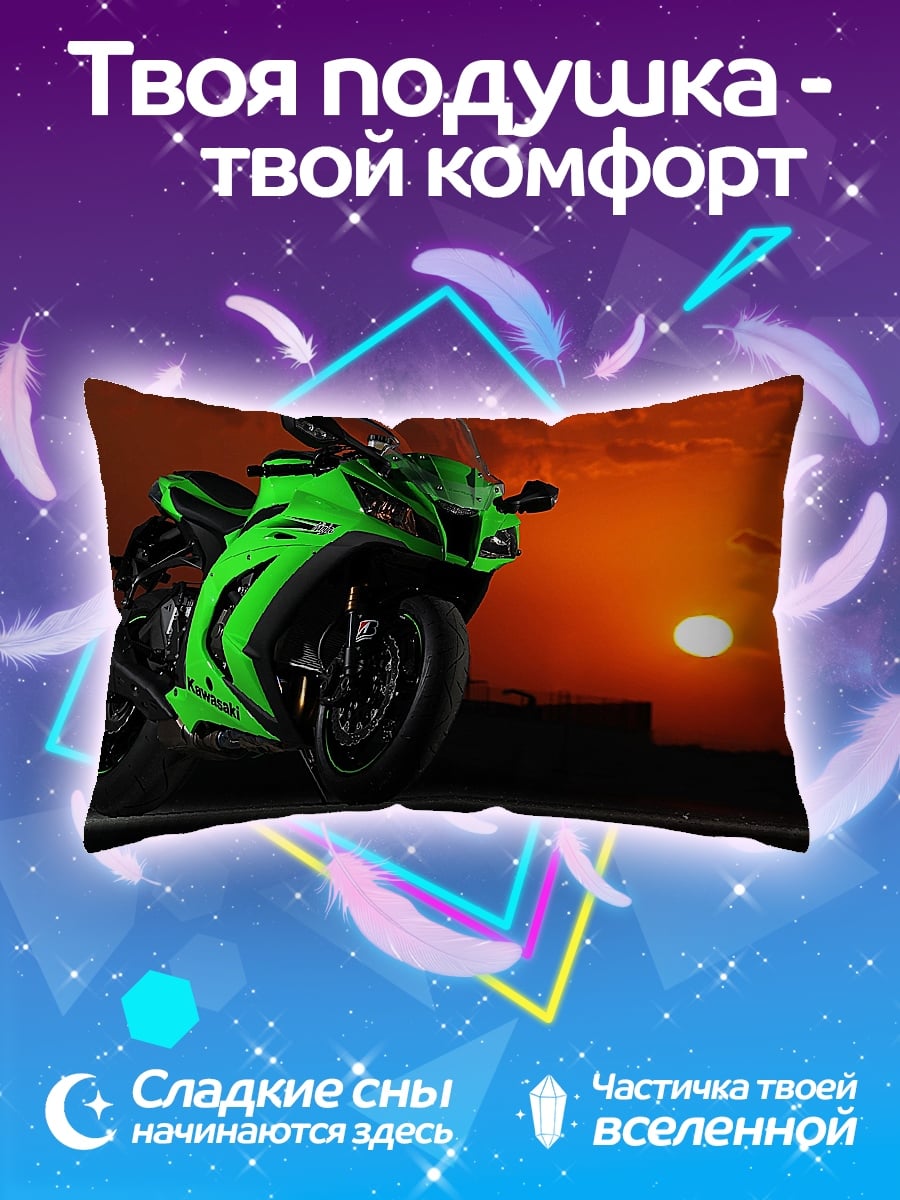 Подушка Зеленый мотоцикл закат