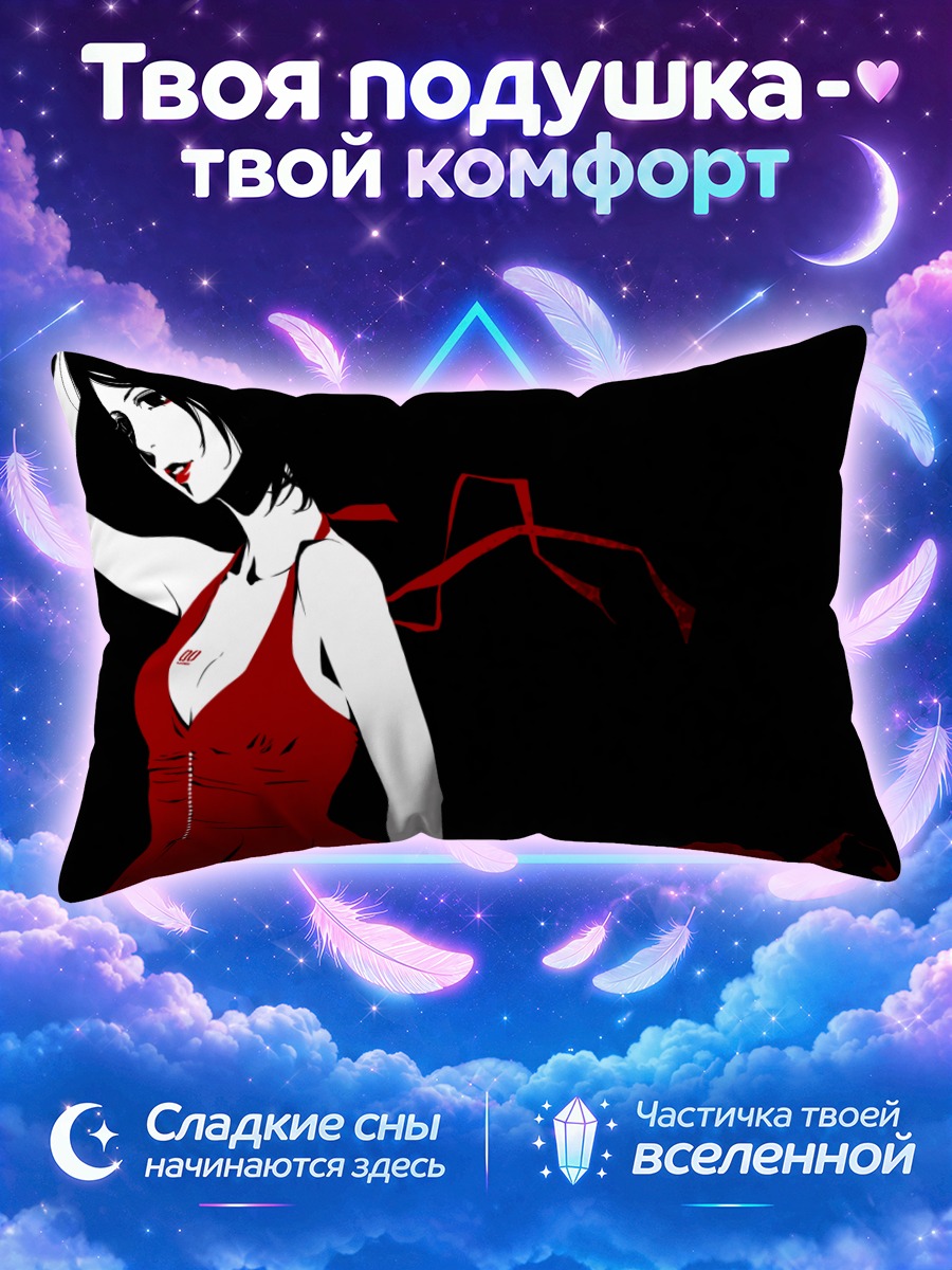 Подушка Мэйко в красном платье на чёрном фоне