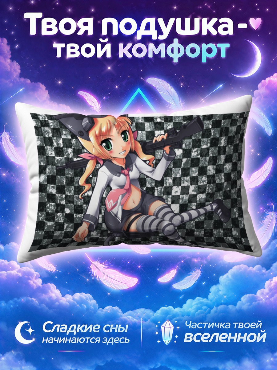 Подушка Кошкодевушка с пистолетом на шахматном фоне