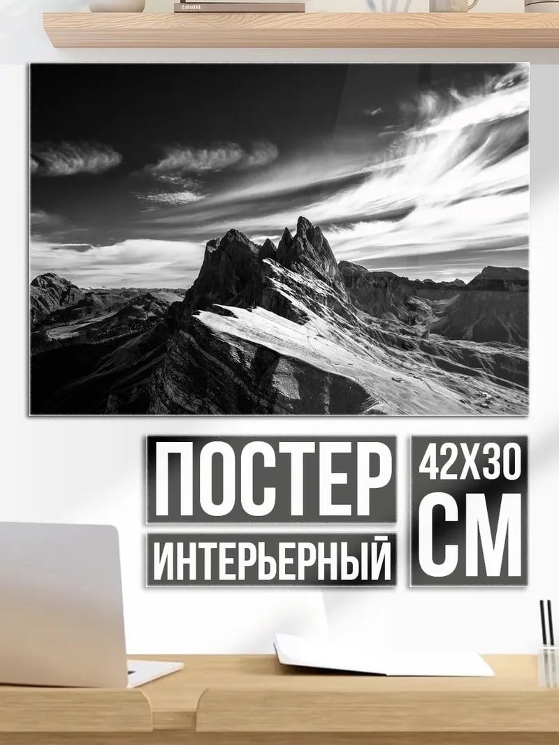 Постер Горный пейзаж в черно-белом