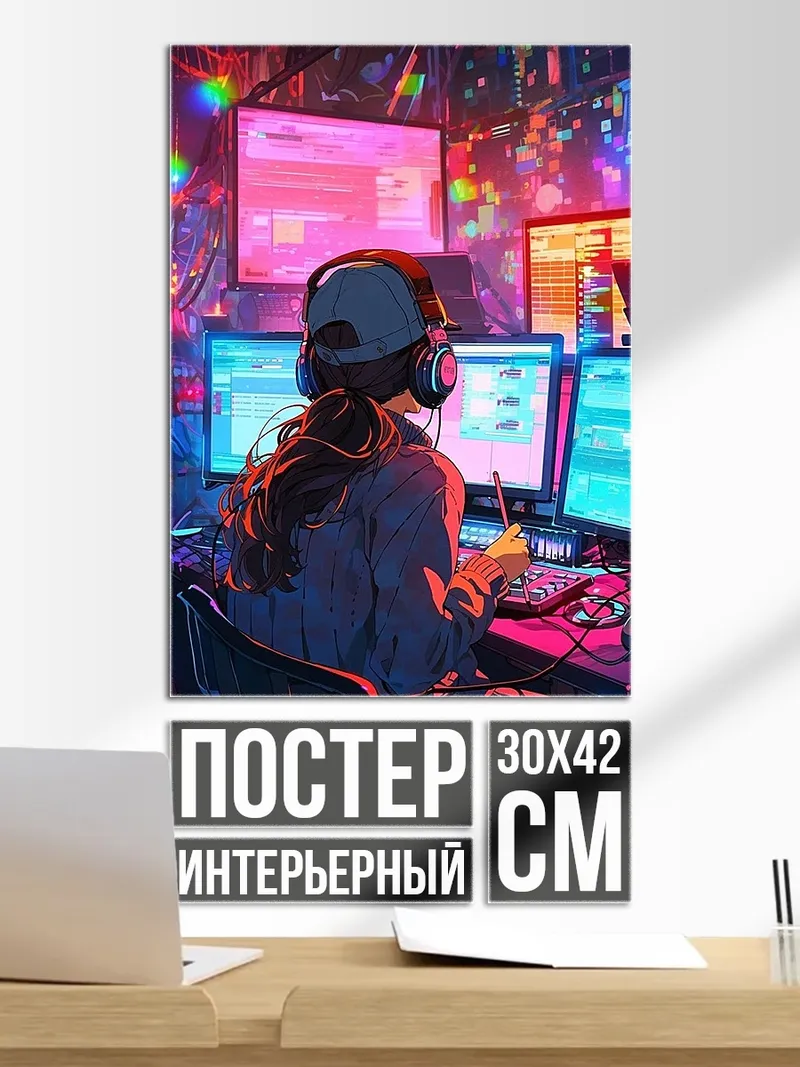 Постер Киберпанк хакер за работой